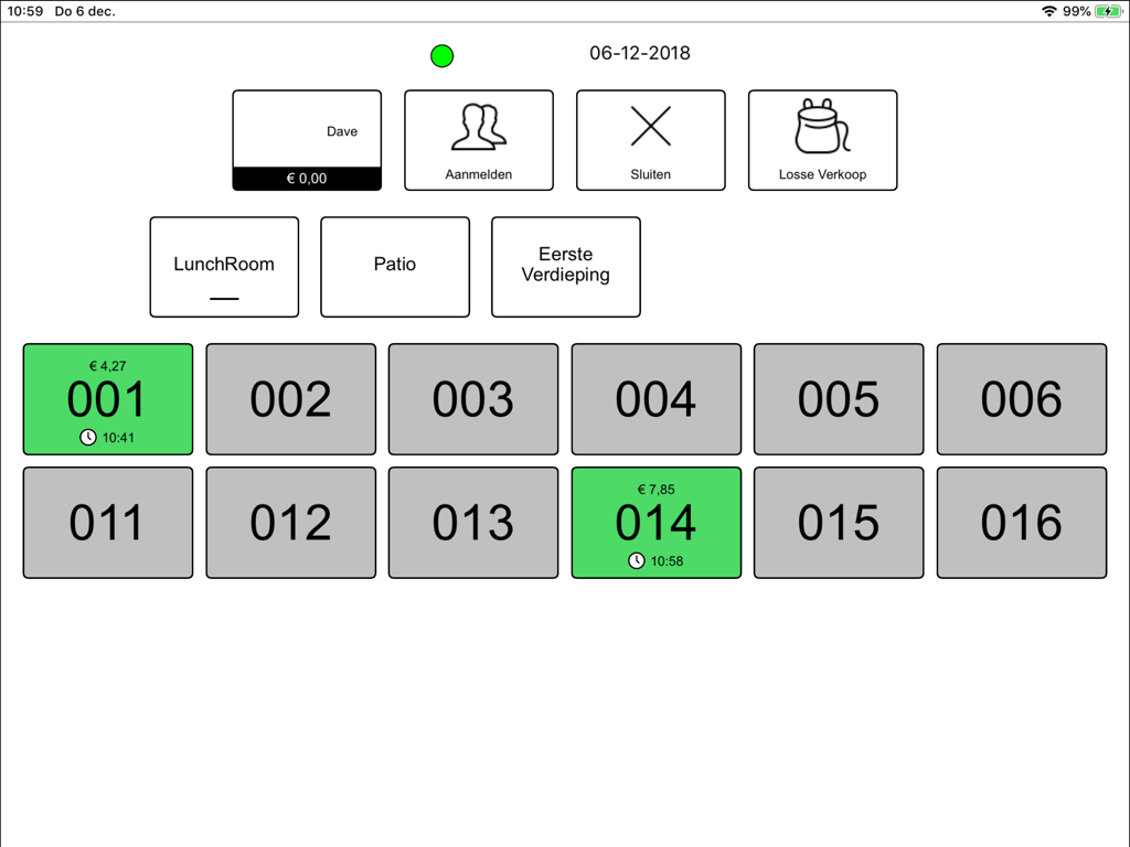 Interface do iPad do Cash-it POS mostrando layouts de mesa e pedidos de clientes ativos para uma padaria
