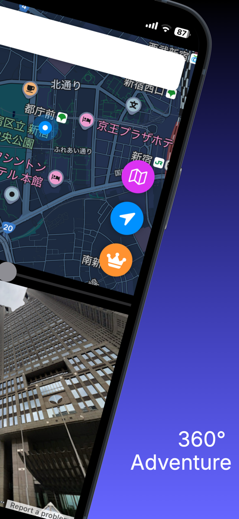 Street View - 360° Maps - Street View 360 Maps mobile app featuring split screen map and panoramic street view