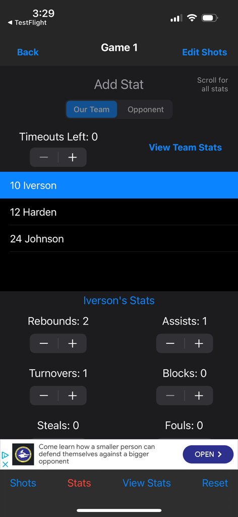 Shot Chart - Basketball player statistics tracking screen in the Shot Chart app showing rebounds and assists