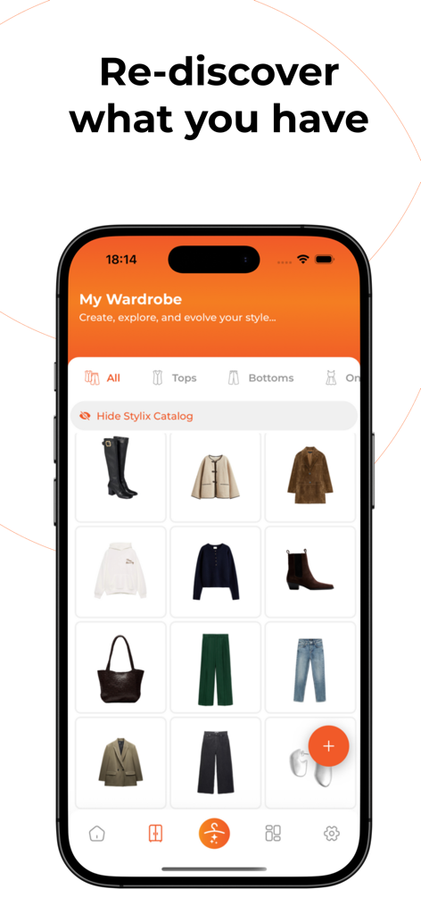 Stylix AI - Smartphone screen showing the Stylix AI My Wardrobe section with a grid of digital clothing items.