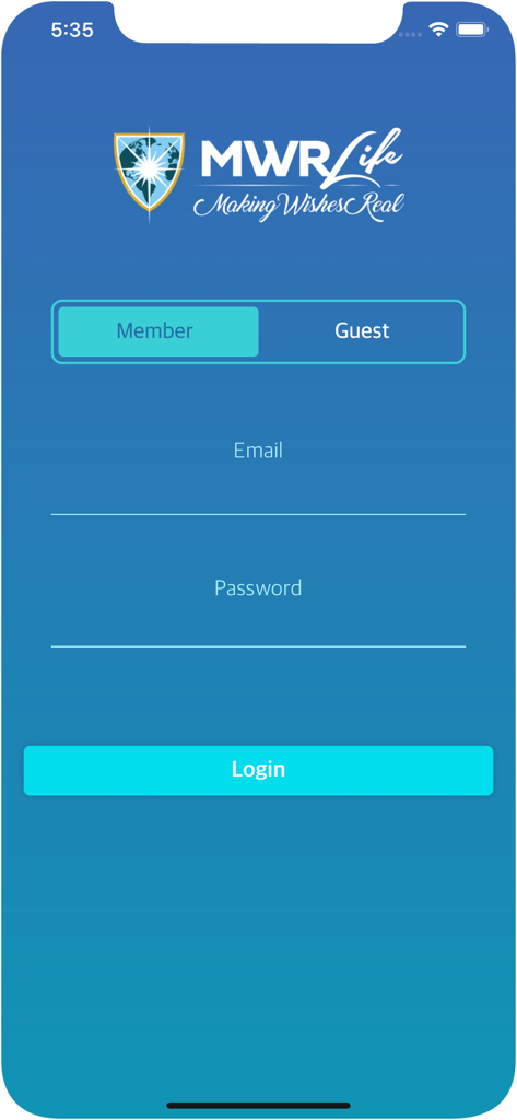 MWR Life mobile app login page for members and guests with email and password fields