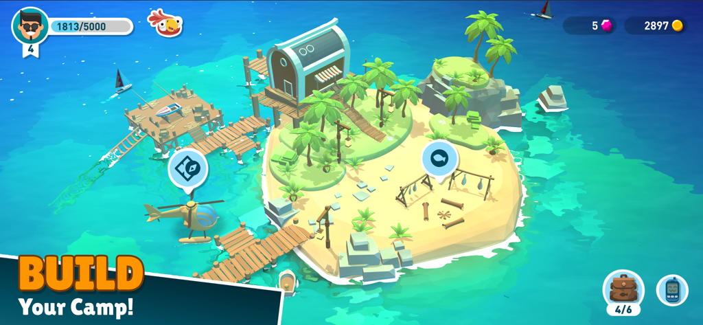 Vista aérea de un campamento en una isla tropical con muelles de madera y un helicóptero en Creatures of the Deep.