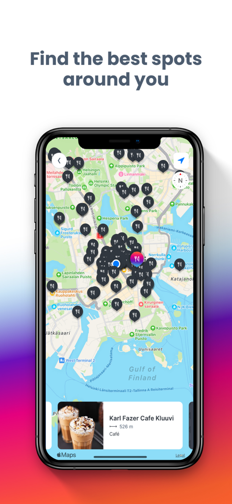 Epassi - Epassi app map view displaying numerous pins for nearby restaurants and merchants where employee benefits can be used.