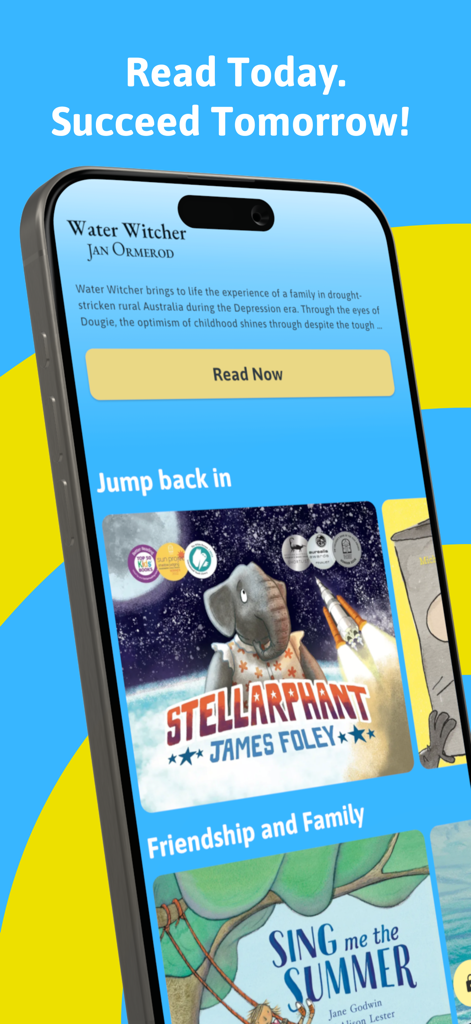 Joey Books - Joey Books app home screen showing a curated library of illustrated children stories with a read now button