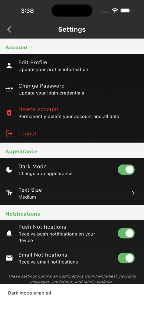 Settings screen of the InFamilyNest app showing account management appearance and notification preferences