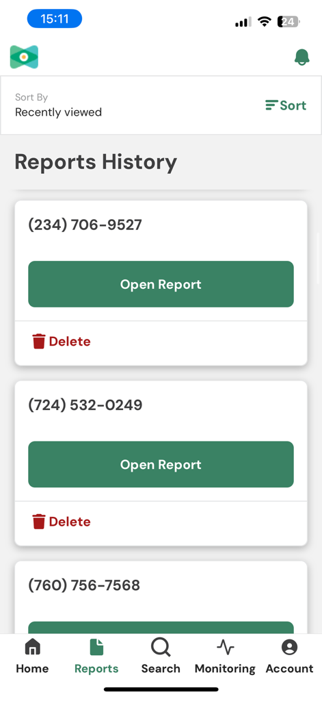 TruthFinder app Reports History screen displaying recent reverse phone lookup results