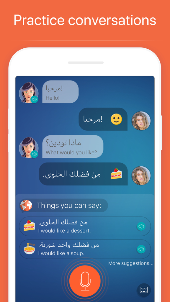 Learn Arabic: Language Course - Aplicativo de aprendizado de língua árabe mostrando uma interface de conversação com reconhecimento de voz e sugestões de frases
