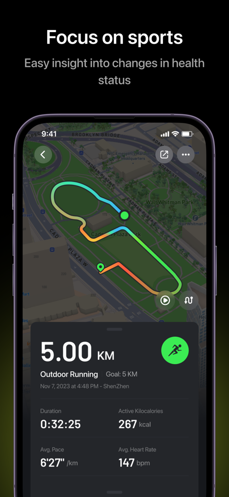 Cubitt Pro - Interfaz de la aplicación Cubitt Pro mostrando métricas de carrera al aire libre y seguimiento de ruta GPS