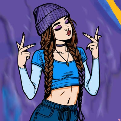 realistic teenage girl with braids and a beanie and crop top doing 🫶🏼