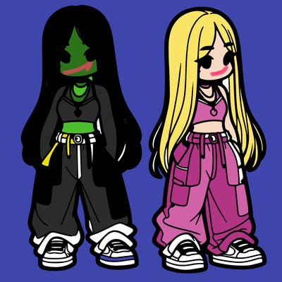 girl in baggy pants crop top and long hair