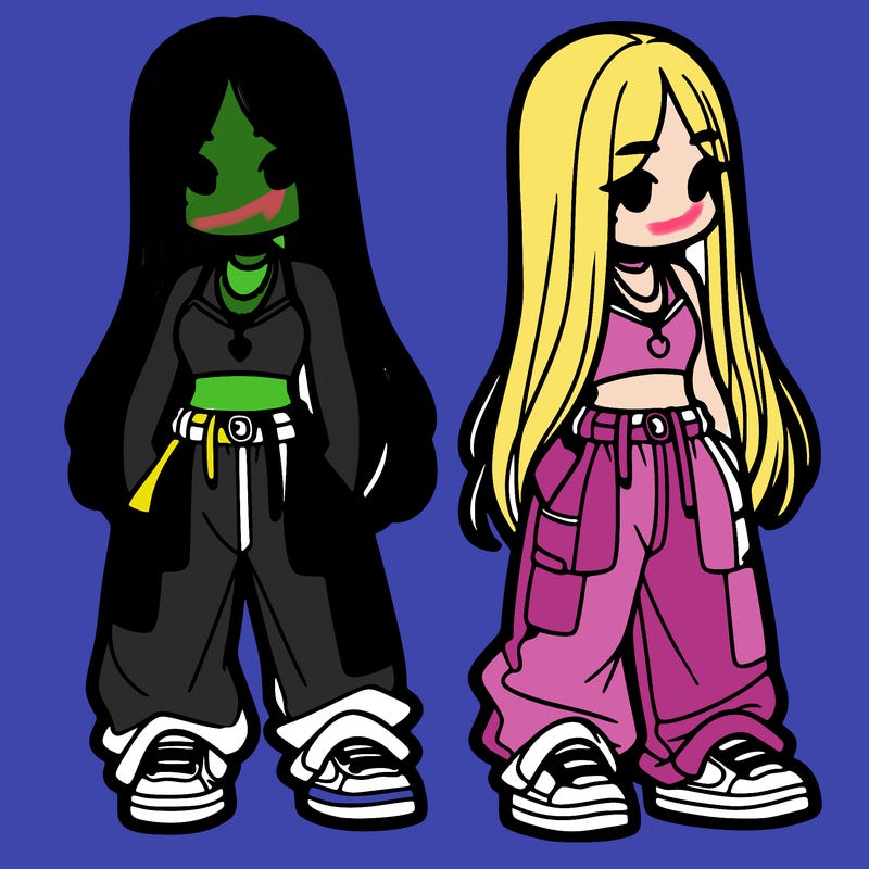 girl in baggy pants crop top and long hair