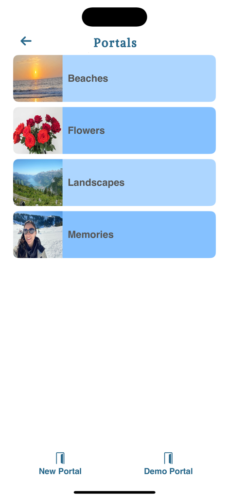 Una pantalla en la aplicación Tandras que muestra una lista de portales de fotos que incluyen categorías como Playas, Flores, Paisajes y Recuerdos