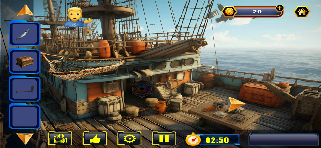 Escape Room - Strand of Glory - Gameplay screenshot showing a puzzle level on a ship deck in Escape Room Strand of Glory.