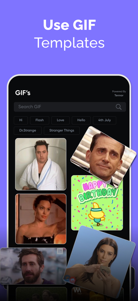 AI Art Photo Editor, GIF Maker - Interface do aplicativo móvel mostrando uma galeria pesquisável de modelos de GIF, incluindo memes e animações.