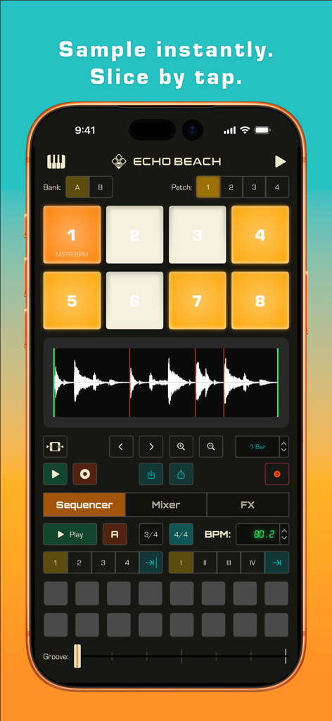 Echo Beach mobile app interface showing an 8 pad sampler and audio waveform slicer.