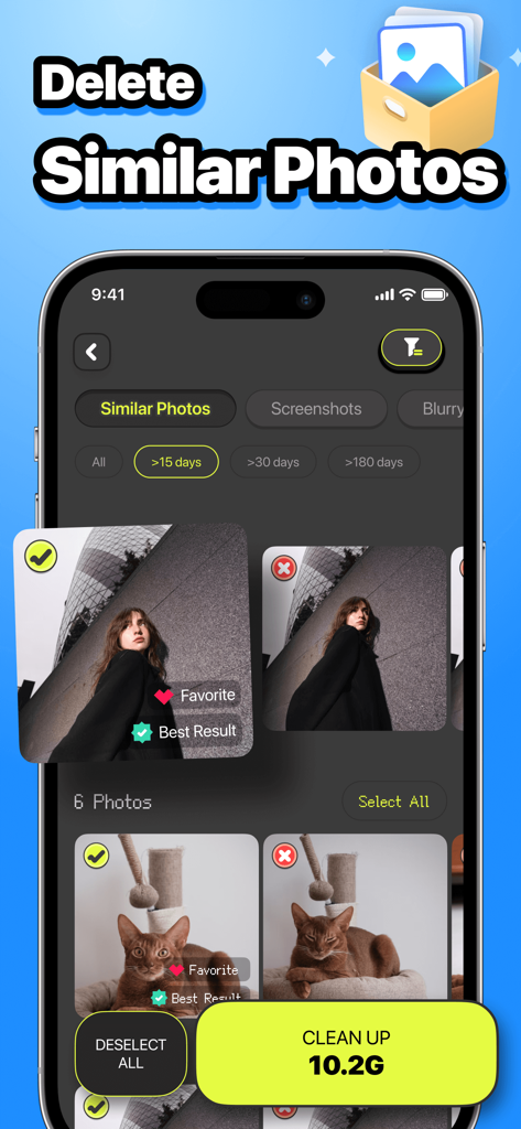 Oberfläche der ZooZip AI Storage Cleaner App, die ähnliche Fotoerkennung und eine große Schaltfläche zur Speicherbereinigung anzeigt.
