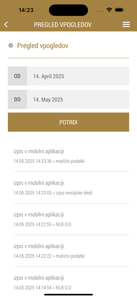 Moj SISBON - Interface of Moj SISBON app showing a history log of credit profile views and bank inquiries with date filters