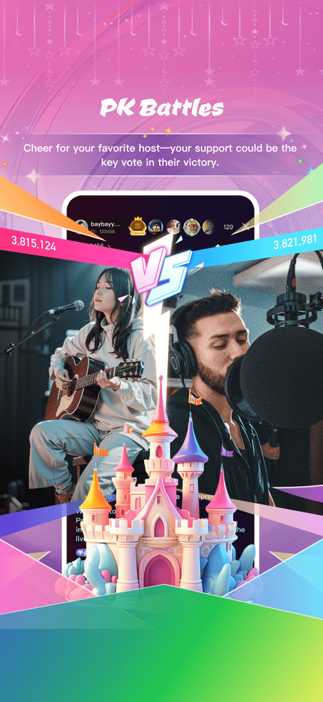 Momo Live app screenshot showing a live PK battle between two streamers with a virtual castle gift and progress bars