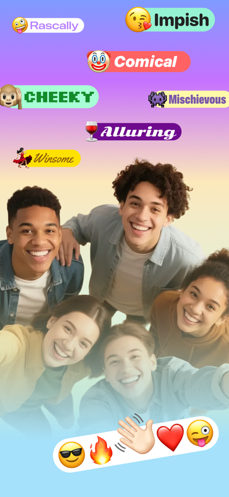 Jóvenes diversos con etiquetas de personalidad y emojis flotantes