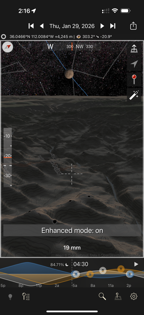 Photographer's Ephemeris 3D - Photographers Ephemeris 3D mobile app interface displaying a night terrain simulation with the moon and stars for landscape photography planning