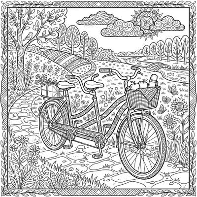 Embark on a relaxing artistic journey with this delightful tandem bike coloring page, perfect for unwinding. Dive into a serene weekend scene filled with intricate patterns, lush greenery, and the promise of shared adventures.