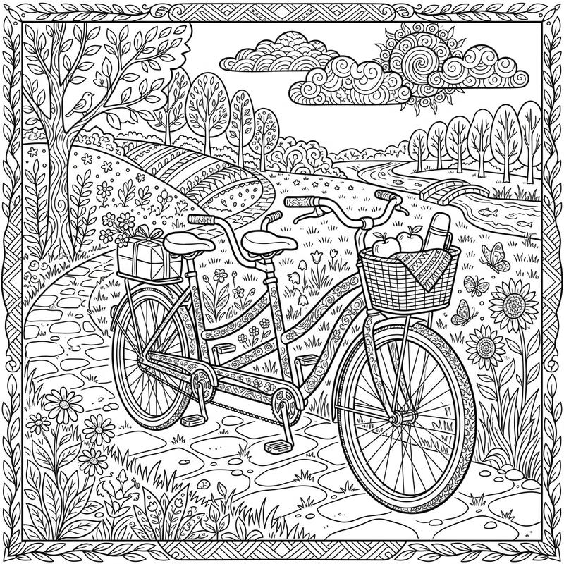 Embark on a relaxing artistic journey with this delightful tandem bike coloring page, perfect for unwinding. Dive into a serene weekend scene filled with intricate patterns, lush greenery, and the promise of shared adventures.