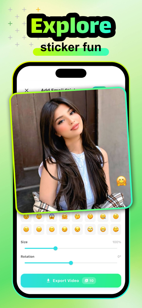 Vibers - Vibers app interface showing how to add and adjust emoji stickers on a video with size and rotation sliders