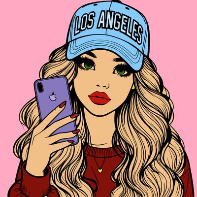 realistic beautiful girl wearing los ángeles cap holding an iphone