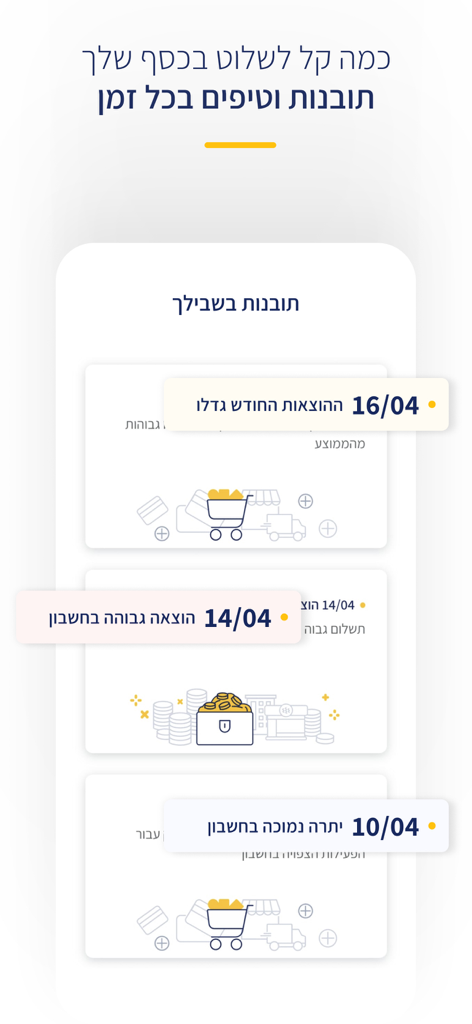 הבינלאומי - FIBI mobile banking app showing personalized financial insights and account alerts