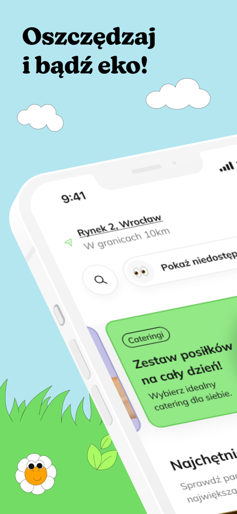 Foodsi: Don’t waste it - Smartphone displaying Foodsi app interface with catering meal sets and eco-friendly design elements.