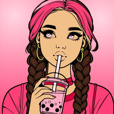 realistic girl with braided hair drinking boba