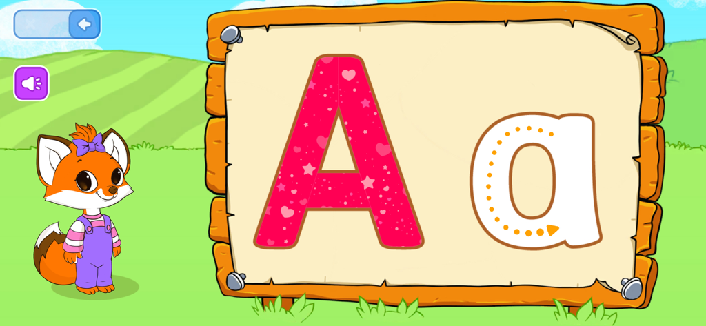 Toddler educational game screen showing letter A tracing activity with a cute fox character