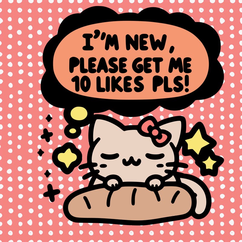 kitty taking a nap dream talking and saying "i'm new, please get me at least 10 likes pls!!"