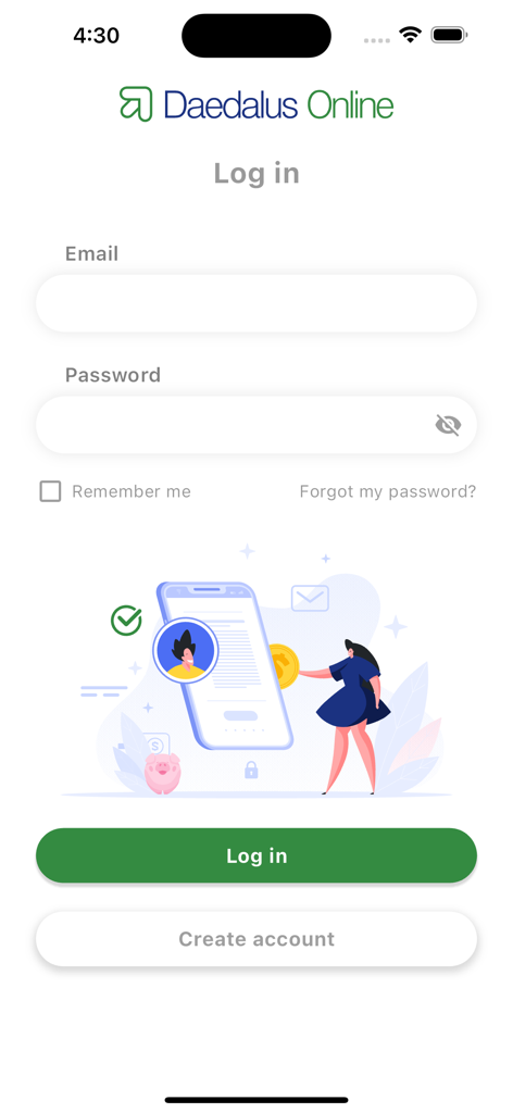 Daedalus Online - Daedalus Onlineモバイルアプリケーションのログインインターフェイス