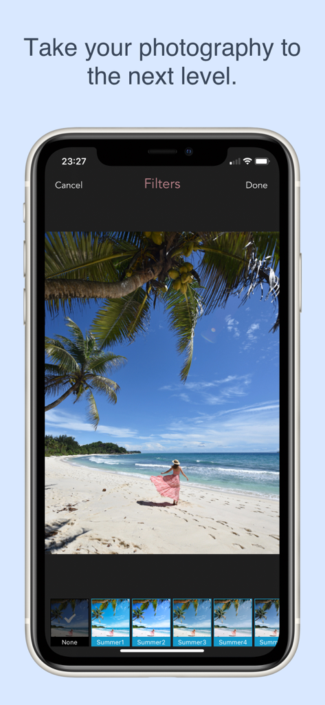 @izkiz - @izkiz app interface showing travel photography filters on a beach scene.
