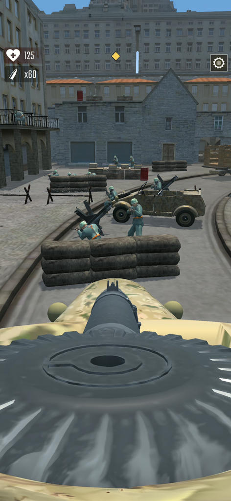 Perspectiva en primera persona de una torreta de ametralladora apuntando a soldados enemigos detrás de sacos de arena en un entorno urbano de la Segunda Guerra Mundial