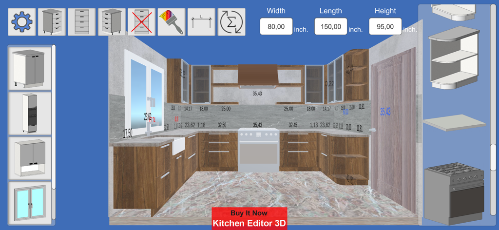 A 3D kitchen design interface with wood cabinets and measurement tools in inches