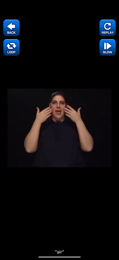 ASL Dictionary - ASL Dictionary app interface showing a professional interpreter signing the word air with video controls for replay and slow motion