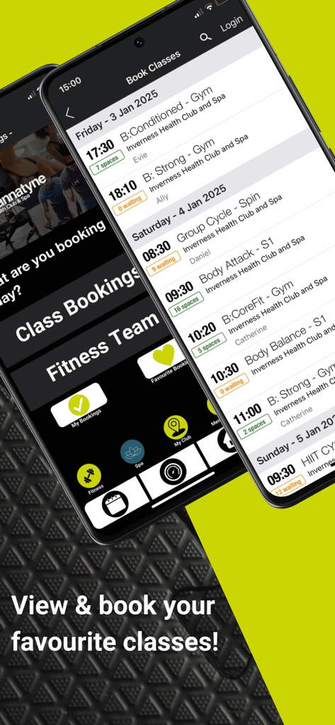 Bannatyne mobile app interface showing fitness class schedules and booking options