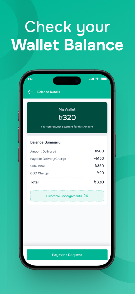 SteadFast Merchant - SteadFast Merchant 앱 인터페이스에 디지털 지갑 잔액 및 배송 결제 요약이 표시됩니다.