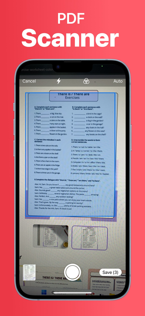 PDF AI: Reader & Translator - Smartphone-Bildschirm, der die PDF-Scannerfunktion der PDF AI App zeigt, die ein Arbeitsblatt erfasst