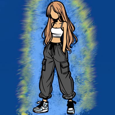 girl in baggy pants crop top and long hair