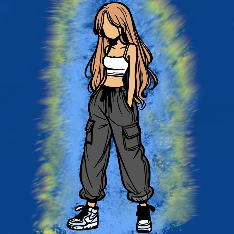 girl in baggy pants crop top and long hair