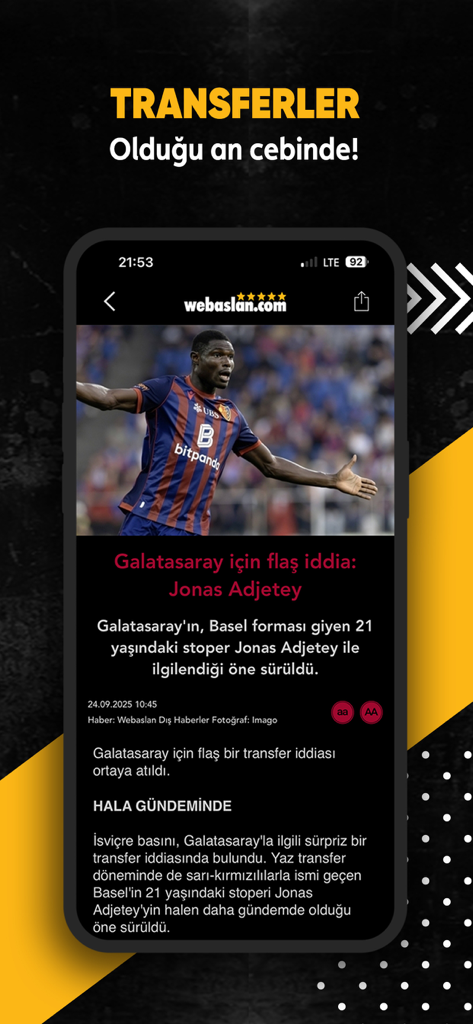 Webaslan - GS 1905 Haber - Aplicativo Webaslan mostrando notícias de transferência do Galatasaray para Jonas Adjetey