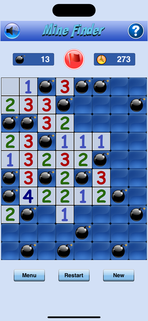 A gameplay screenshot of Mine Finder Professional showing a grid with numbers, hidden squares, and revealed mines.