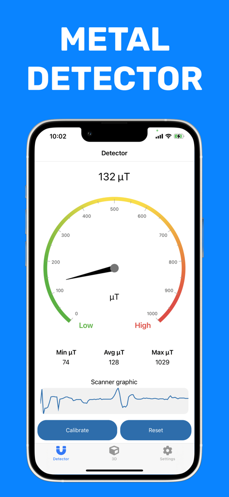 Metal detector and Stud finder - リアルタイムの測定値が表示される磁場ゲージを示す金属探知機アプリのインターフェース