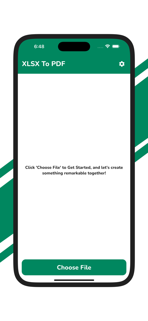 XLSX to PDF Converter - Interface principal do aplicativo Conversor de XLSX para PDF com um botão Escolher Arquivo