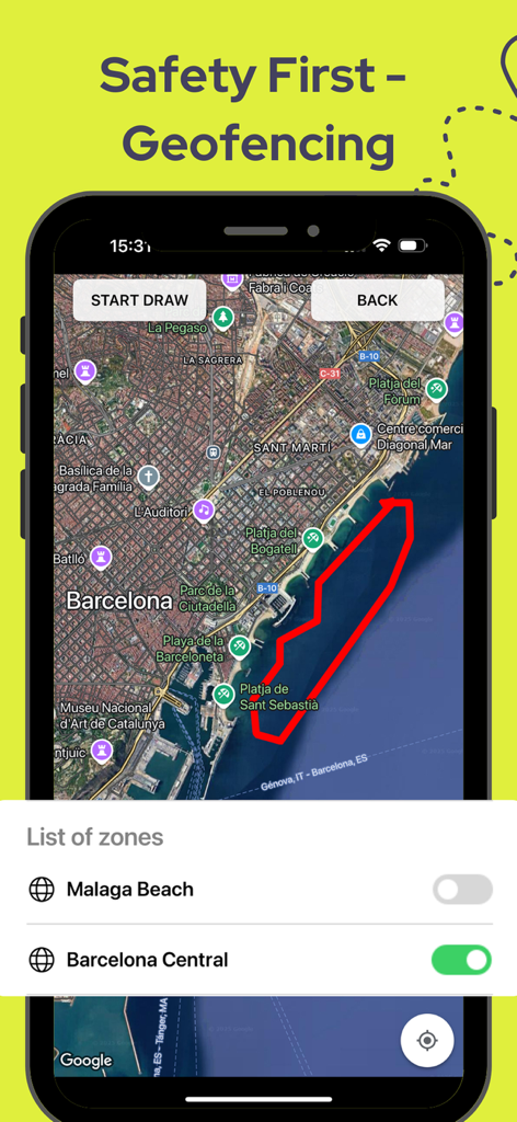 SiFly eFoils - Función de geovalla de la aplicación SiFly eFoils que muestra una zona de seguridad personalizada dibujada en un mapa de la costa de Barcelona.