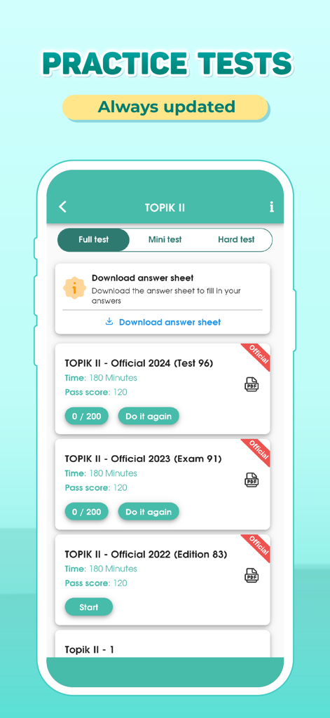 Migii TOPIK 1-6 & EPS TOPIK - Interface of Migii TOPIK app featuring official Korean language practice tests and mock exams