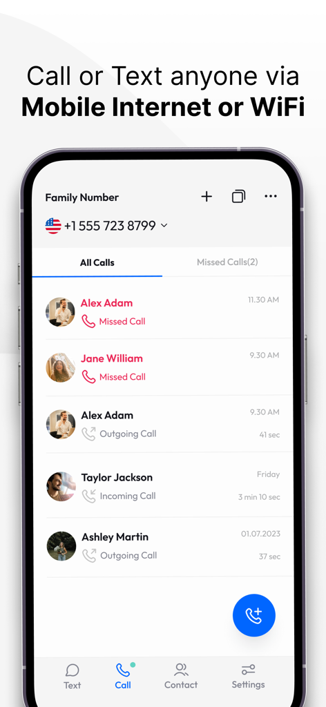 Interfaccia dell'app mobile che mostra un registro chiamate per un secondo numero di telefono con opzioni per chiamare o inviare messaggi via WiFi.
